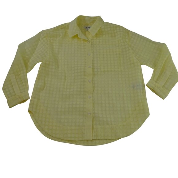 ON 34th Sheer Yellow Button Up Shirt Women Size L Long Sleeve Floral Burnout - Picture 1 of 11